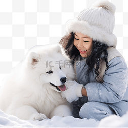 宠物户外玩耍图片_圣诞节早上，女孩在冰雪覆盖的公