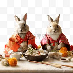 韓國傳統文化插畫图片_韩国感恩节兔子吃松饼