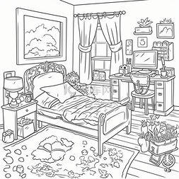 黑白色家具背景图片_成人卡通房间着色表