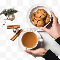 茶图片_圣诞组合物，手把茶杯和饼干放在