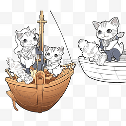 船上可爱的渔夫猫卡通儿童着色页