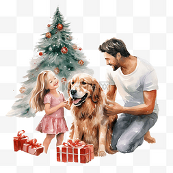 狗狗圣诞老人图片_幸福的家庭父亲孩子女儿和狗装饰