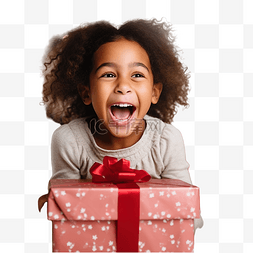 打开圣诞礼物时兴奋的小女孩微笑