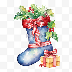 圣诞袜子贴纸，带有礼物水彩插图