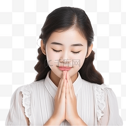 亚洲少女闭上眼睛，交叉双手祈祷