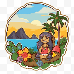 夏威夷小女孩，椰子和棕榈树坐在