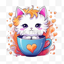 咖啡杯里色彩缤纷的可爱心猫