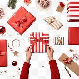 用红白纸特写包装和包装圣诞礼物