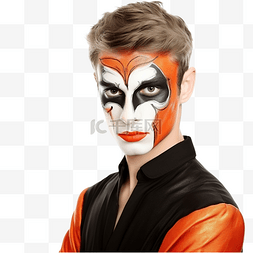 面具图片_化装舞会妆容中的魔鬼男孩对着橘