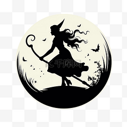万圣节女巫剪影在月亮对面的扫帚