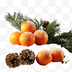 木桌上的橘子，上面有圣诞树的树