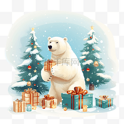 雪树插画图片_圣诞快乐和北极熊，配有礼品盒和