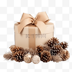 米色礼盒和带有锥果的圣诞花环