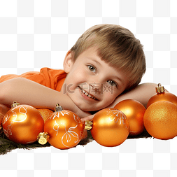 地面装饰品图片_圣诞男孩躺在皮肤上，周围是橘子