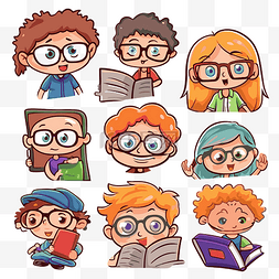 卡通小孩读书 卡通戴眼镜的小孩 