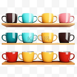 木架上一叠彩色咖啡杯，孤立的剪