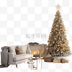 现代客厅配有寒假装饰圣诞树和花
