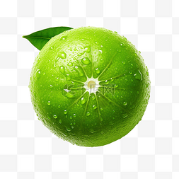 单个新鲜的绿色柠檬，滴有水滴，