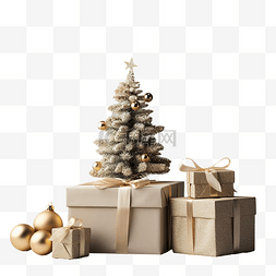 带有三个礼物盒和中性灰色圣诞树