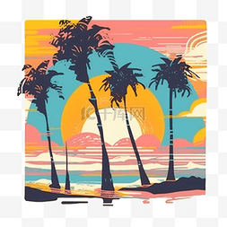 邦迪海滩日落和棕榈树复古夏季图