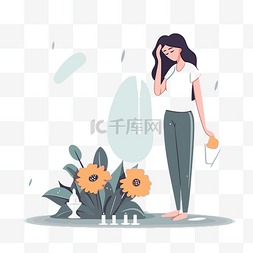 花瓶鲜花插画图片_丧亲剪贴画妇女在抑郁症和鲜花把