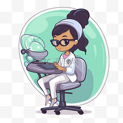 在电脑上工作的卡通黑人女牙医 
