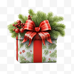 红色的圣诞礼盒图片_有红丝带和杉树叶子的圣诞快乐礼