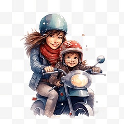 圣诞节和妈妈一起坐在摩托车上的