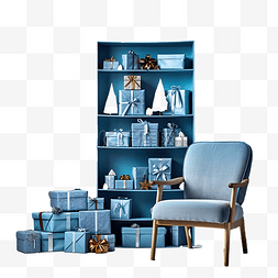 蓝色椅子上的圣诞礼物和砖墙上的