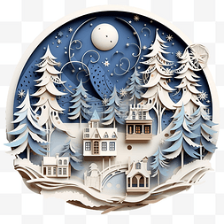 冬村图片_剪纸风格的圣诞村和圣诞树