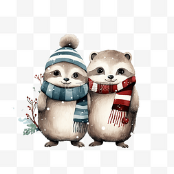 圣诞快乐庆祝可爱的浣熊和僧海豹