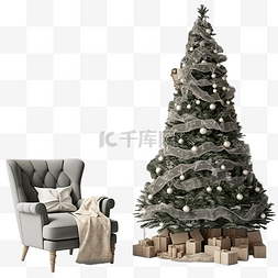 家居书房图片_圣诞节舒适的客厅内部配有树和礼