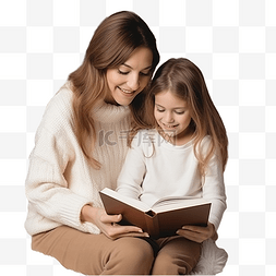 穿着白毛衣的小女儿和母亲正在读