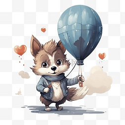 可爱的狼带着气球飞翔
