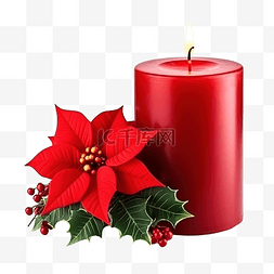 火图片_圣诞蜡烛与红花一品红崖柏小枝