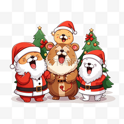 卡通可爱圣诞圣诞老人和动物唱歌