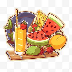 水果和饮料的卡通形象，包括西瓜