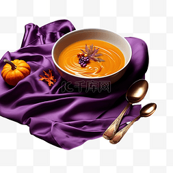 紫色纸巾上的前视图简单南瓜汤和
