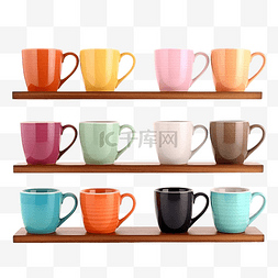 木架上一叠彩色咖啡杯，孤立的剪