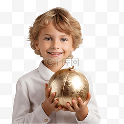 面图片_快乐的孩子拿着金球靠在圣诞树上