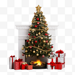 壁炉烟囱图片_烟囱和装饰有礼物的圣诞树的图像