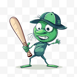 板球卡通图片_板球剪贴画绿色虫子字符与棒球棒