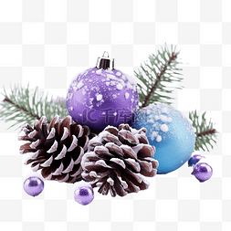 雪中??美丽的蓝色和紫色圣诞球和