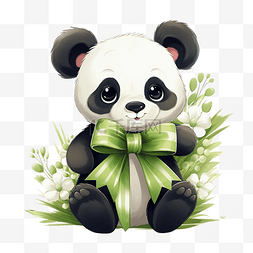可爱的熊猫，鲜花和绿色蝴蝶结