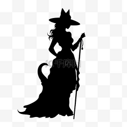 小女巫剪影图片_用于装饰万圣节卡片的女巫黑猫剪