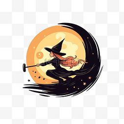 月亮弯弯形状图片_快乐的万圣节庆祝卡与女巫飞扫帚