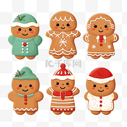 姜饼插画图片_姜饼脸与不同的配件圣诞饼干冬季