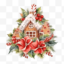 圣诞冬青花束与姜饼屋水彩插图