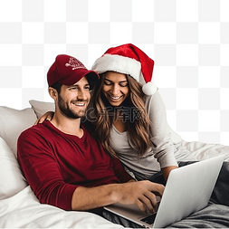 老人躺着图片_一对戴着圣诞老人帽子的年轻夫妇