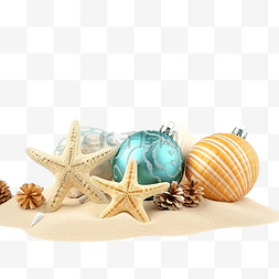 沙滩上的圣诞装饰品和球